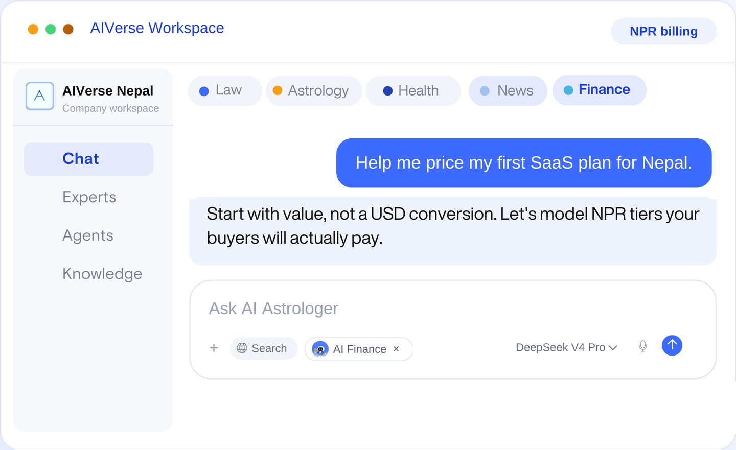 AIVerse Workspace dashboard with expert tabs for Law, Astrology, Health, News and Finance, a chat about pricing a SaaS plan in NPR, and a composer with model selection